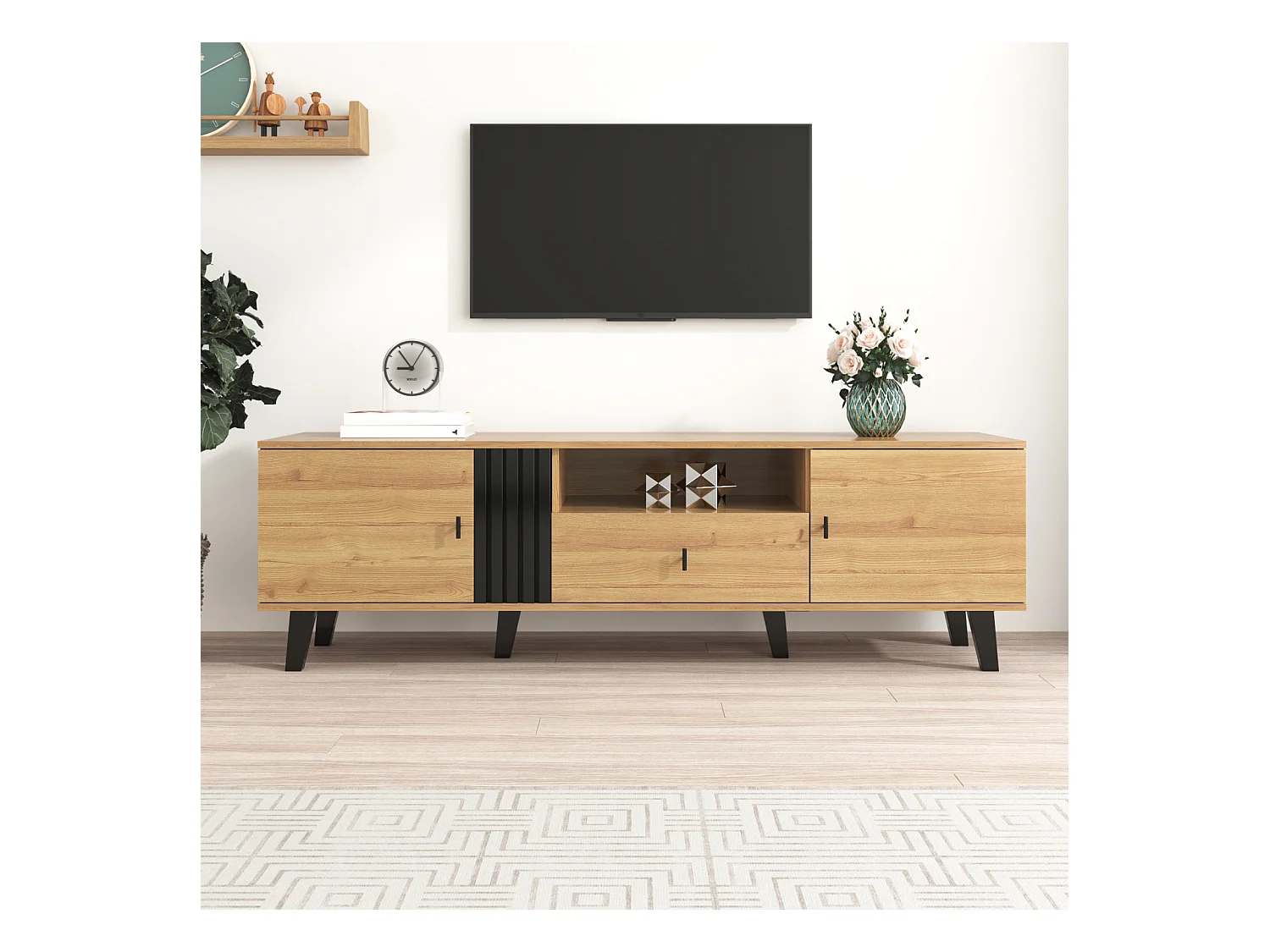 Móvel de TV em madeira e preto 170 x 40 x 50 cm, aparador com cinco compartimentos de arrumação e uma gaveta