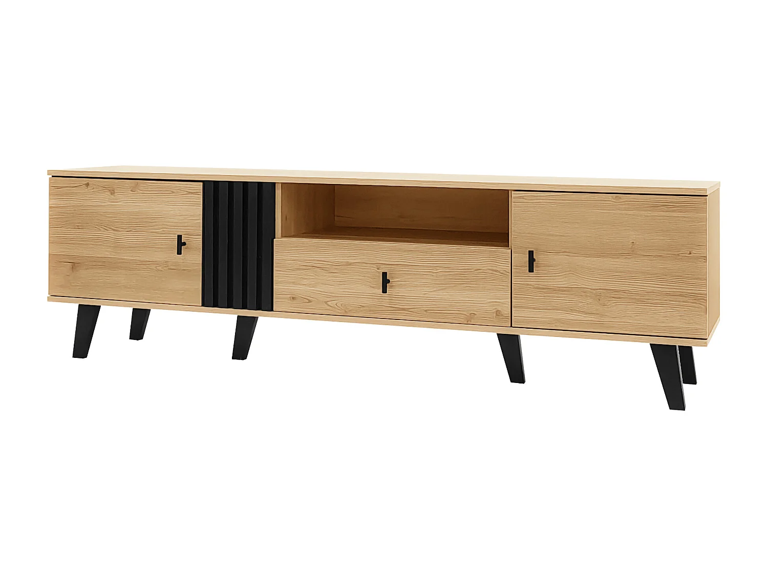 Móvel de TV em madeira e preto 170 x 40 x 50 cm, aparador com cinco compartimentos de arrumação e uma gaveta