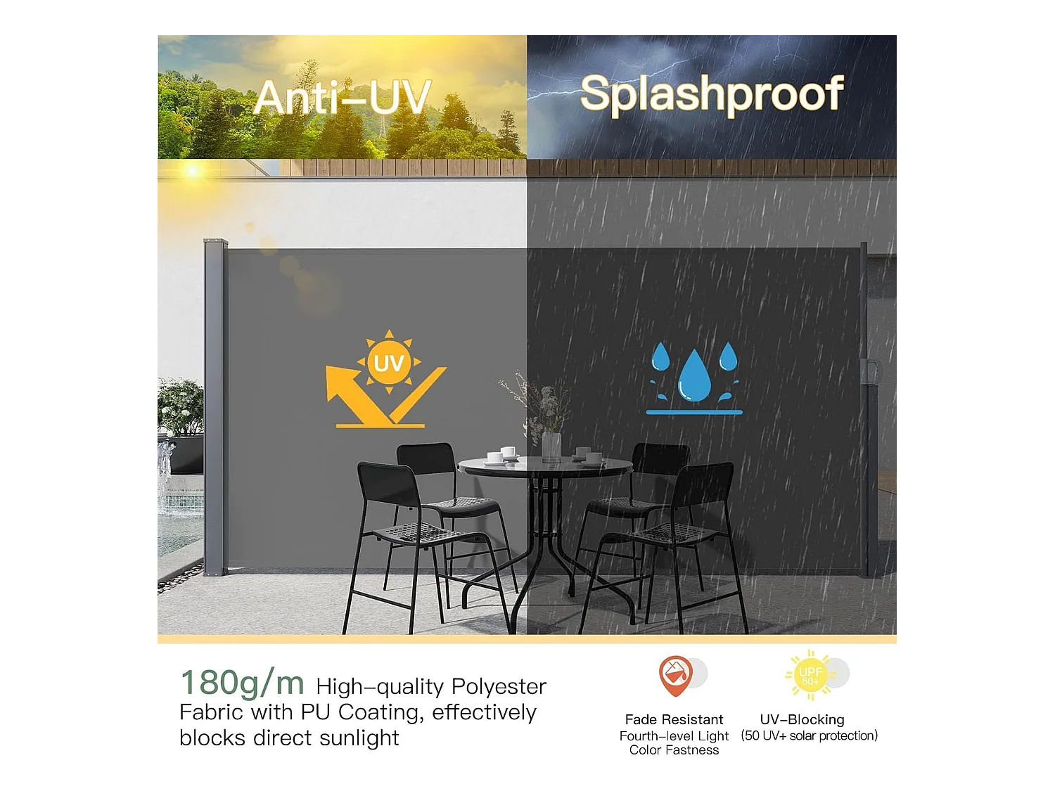 YODOLLA Seitenmarkise 350x160 cm ausziehbar, Sichtschutz Sonnenschutz wasserdicht faltbar für Garten Balkon Terrasse, Dunkelgrau