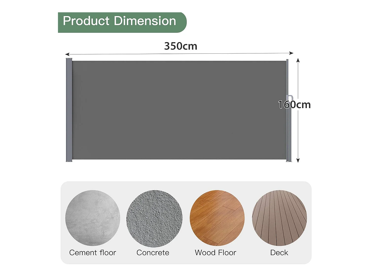 YODOLLA Seitenmarkise 350x160 cm ausziehbar, Sichtschutz Sonnenschutz wasserdicht faltbar für Garten Balkon Terrasse, Dunkelgrau