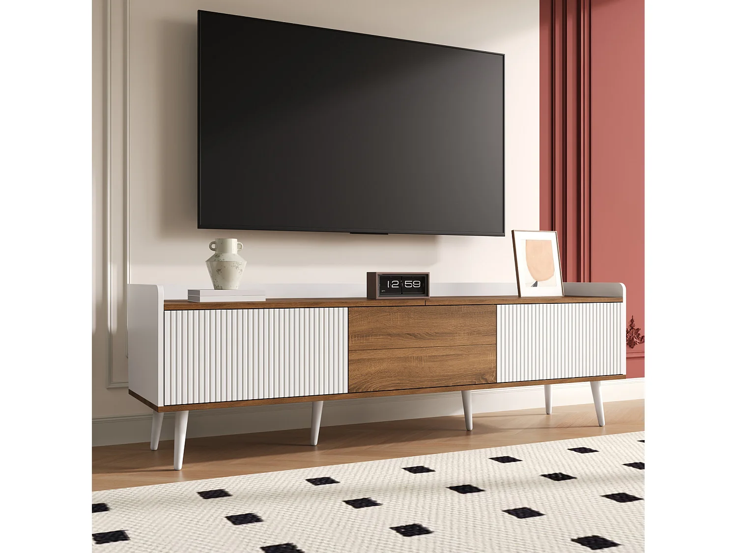 Meuble TV 160 cm, Buffet Bas 3 Portes avec Étagère, Meuble Télévision Moderne pour Salon, Blanc