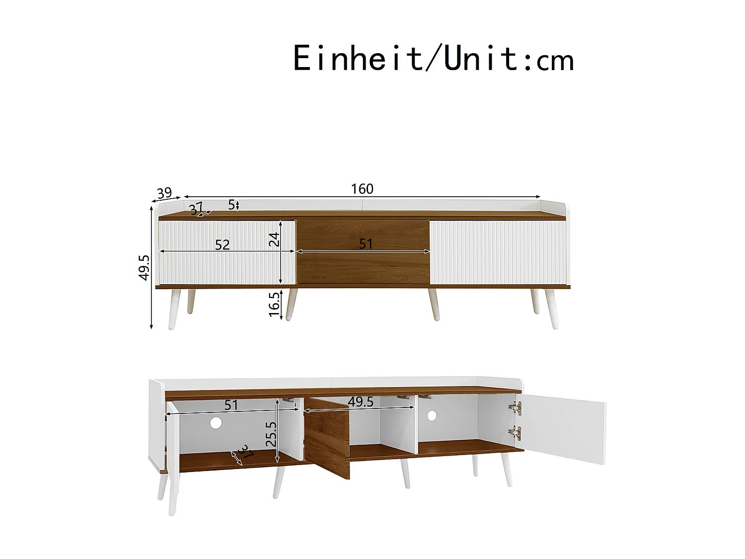 Meuble TV 160 cm, Buffet Bas 3 Portes avec Étagère, Meuble Télévision Moderne pour Salon, Blanc