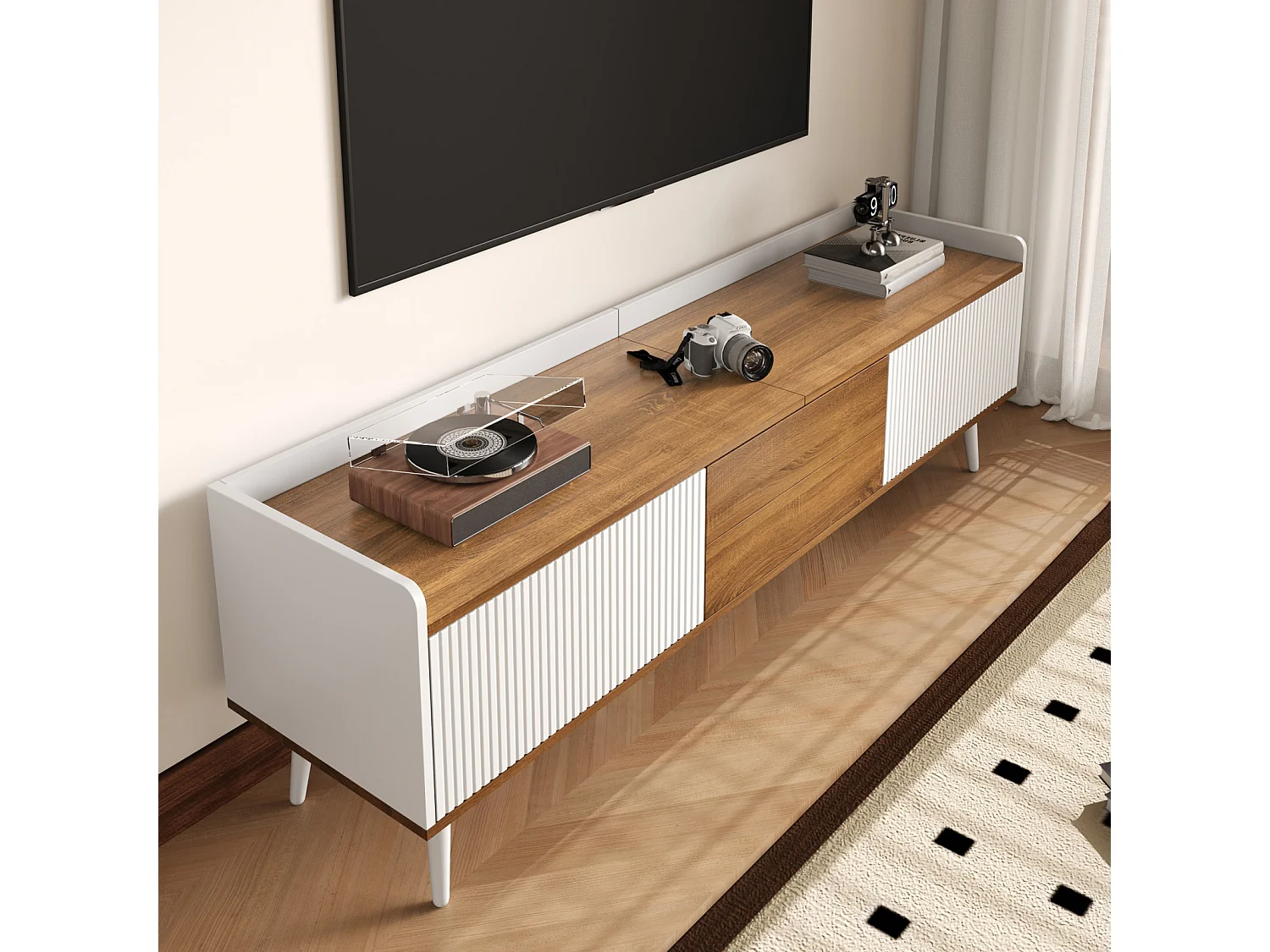 Meuble TV 160 cm, Buffet Bas 3 Portes avec Étagère, Meuble Télévision Moderne pour Salon, Blanc