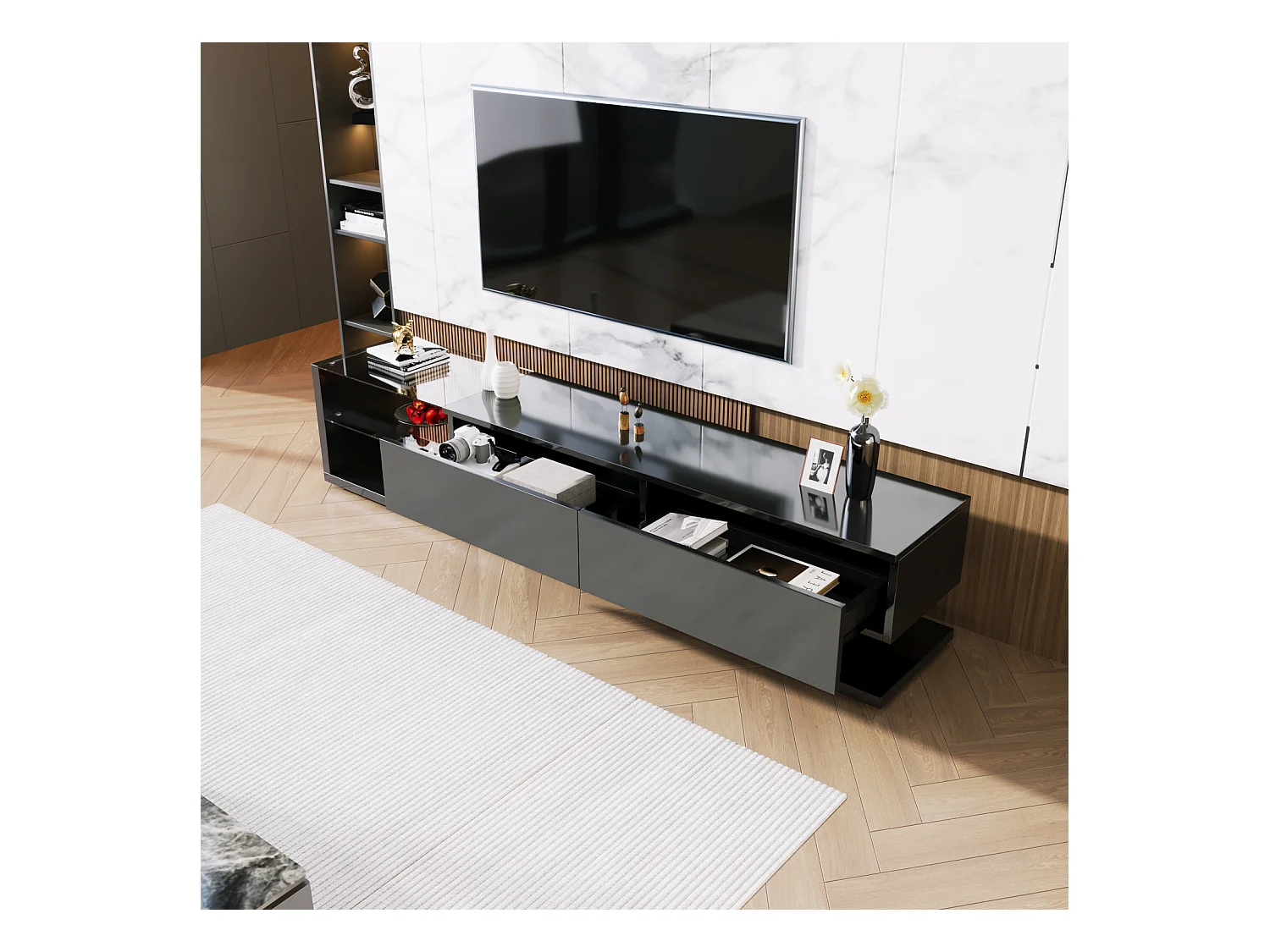 Armoire TV Noir avec tiroirs, buffet TV avec LED et étagères en verre, meuble TV pour salon