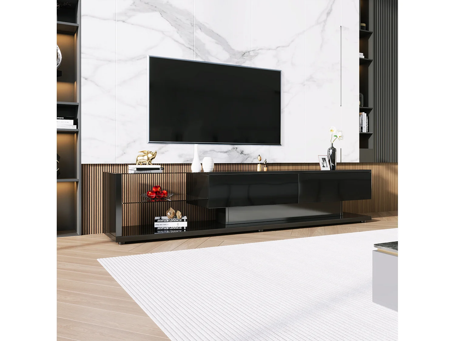 Mueble de TV negro con cajones, aparador de TV con LED y estantes de cristal, mueble de TV para salón