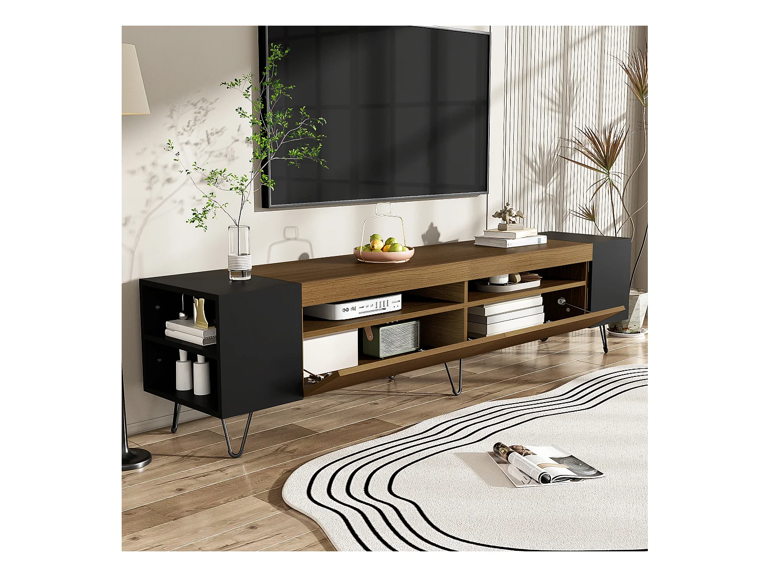 Meuble TV Moderne avec 2 Portes, avec Espace de Rangement et Pieds en métal,180x36x43cm, Noir+Bois