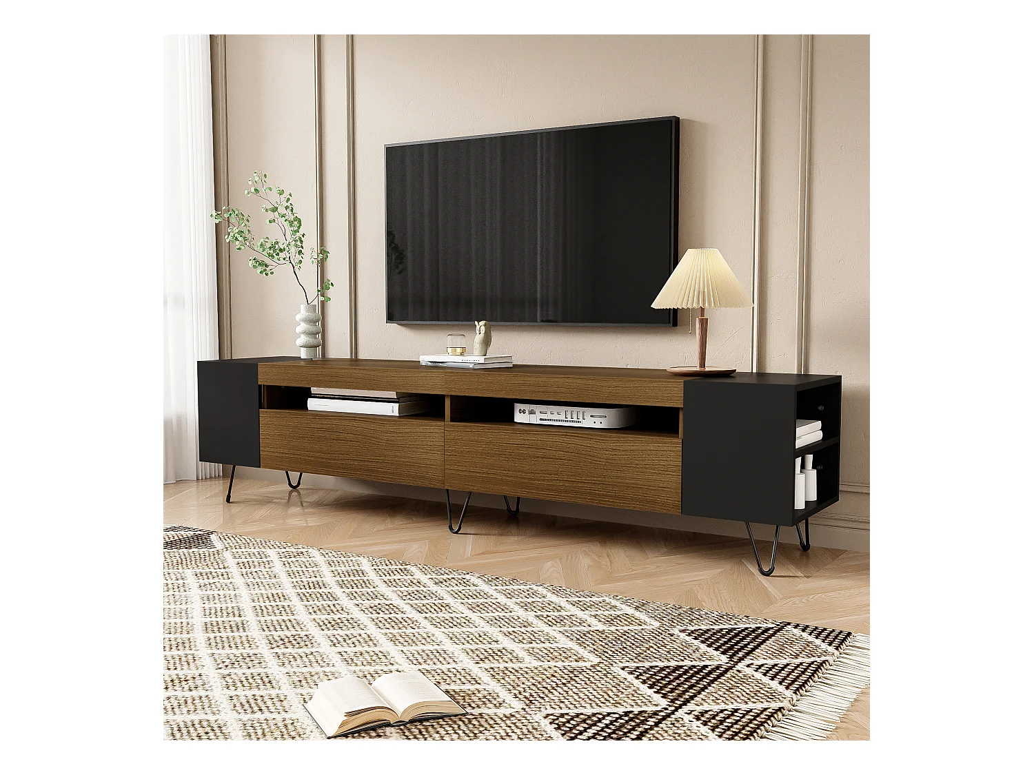 Mueble de TV moderno con 2 puertas, espacio de almacenamiento y patas de metal, 180 x 36 x 43 cm, negro y madera