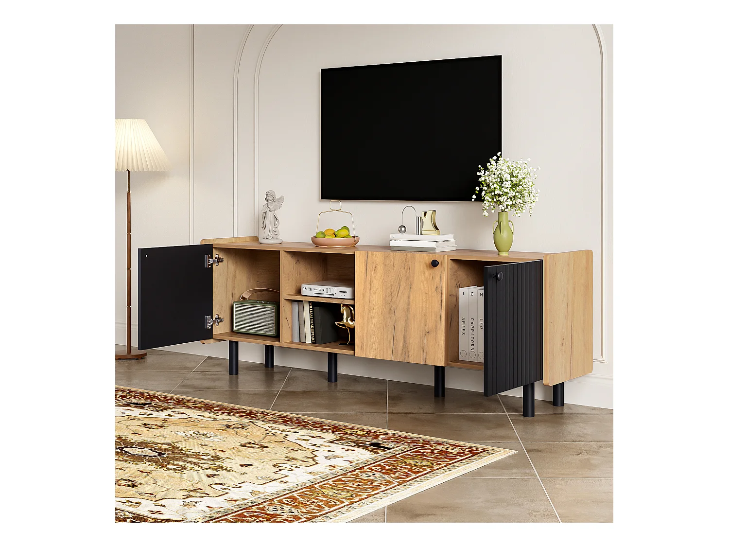 Mueble de TV, color negro y madera, con 3 puertas, 2 compartimentos abiertos, 160 cm de largo
