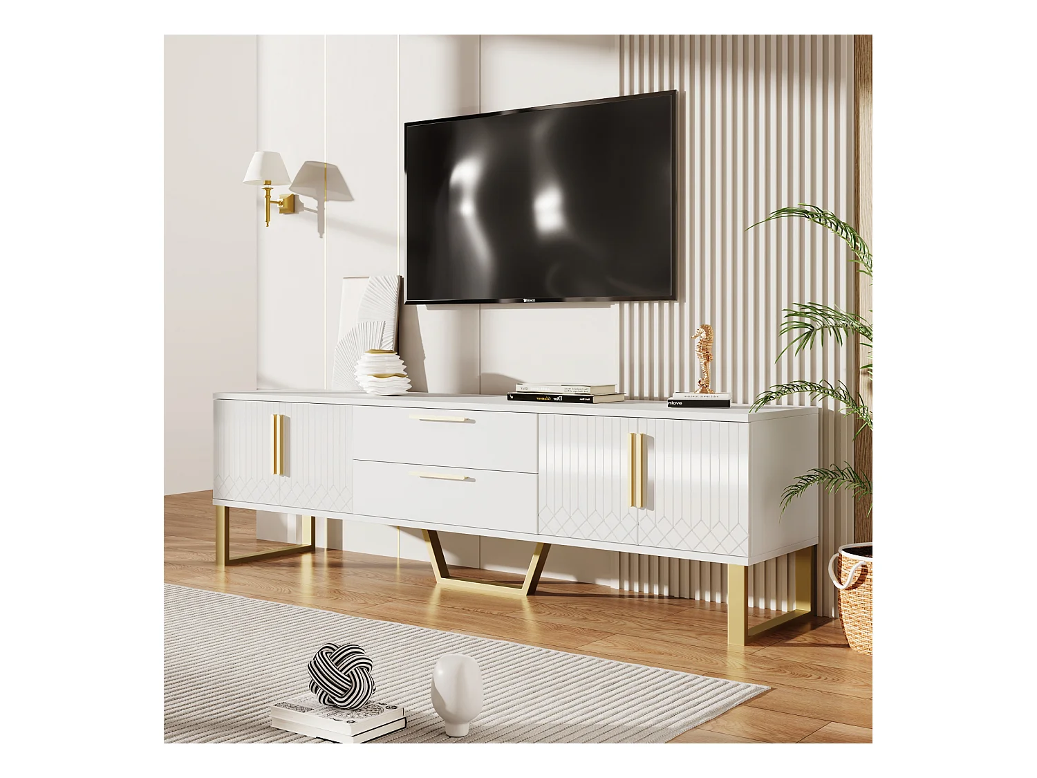 Meuble TV Moderne avec 4 Portes de Placard et 2 Tiroirs, Meuble Tele Fond, pour Salon, Blanc
