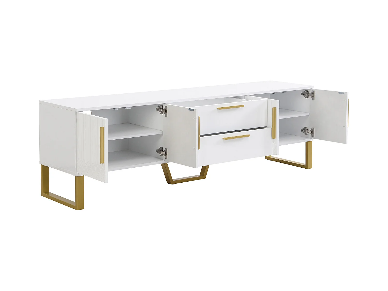 Meuble TV Moderne avec 4 Portes de Placard et 2 Tiroirs, Meuble Tele Fond, pour Salon, Blanc