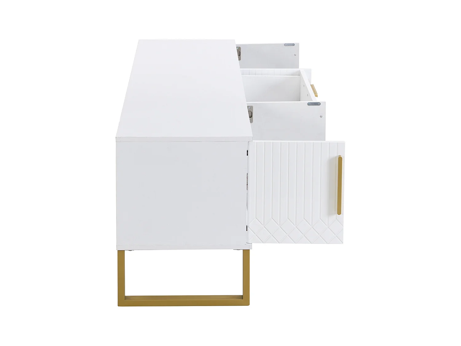 Meuble TV Moderne avec 4 Portes de Placard et 2 Tiroirs, Meuble Tele Fond, pour Salon, Blanc