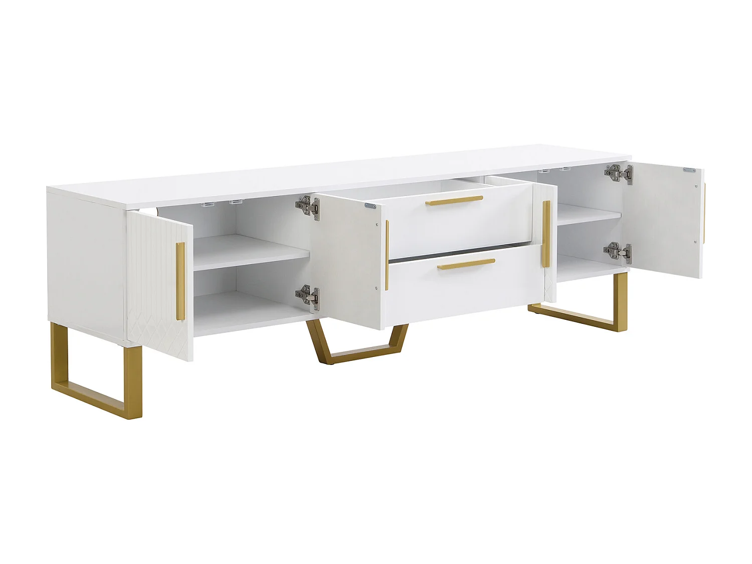 Meuble TV Moderne avec 4 Portes de Placard et 2 Tiroirs, Meuble Tele Fond, pour Salon, Blanc