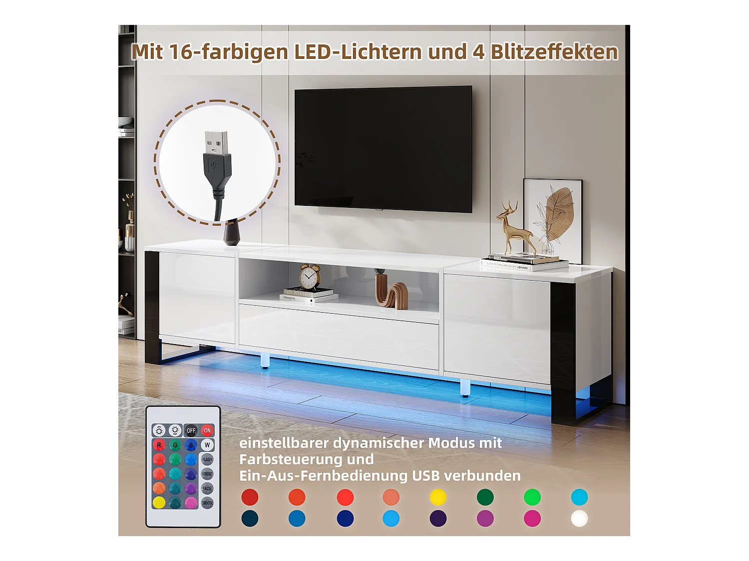 Meuble TV bas avec LED, 178 cm, blanc brillant, meuble TV pour jusqu'à 70 pouces, 2 portes et tiroir