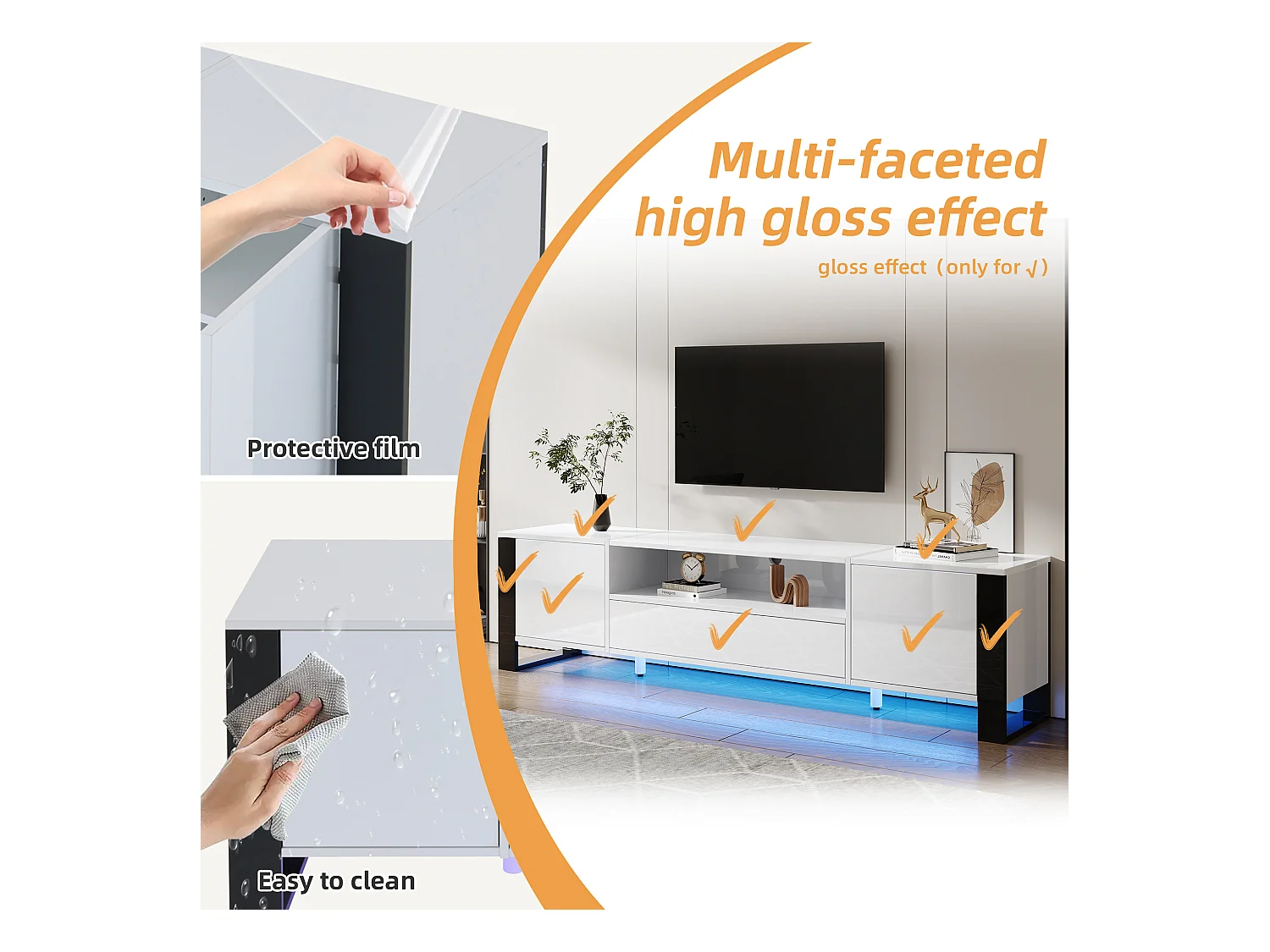 Meuble TV bas avec LED, 178 cm, blanc brillant, meuble TV pour jusqu'à 70 pouces, 2 portes et tiroir