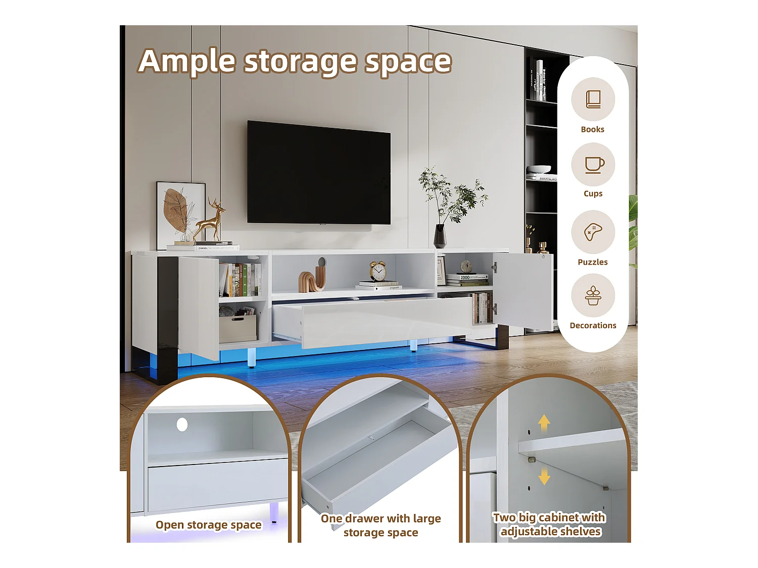 Meuble TV bas avec LED, 178 cm, blanc brillant, meuble TV pour jusqu'à 70 pouces, 2 portes et tiroir