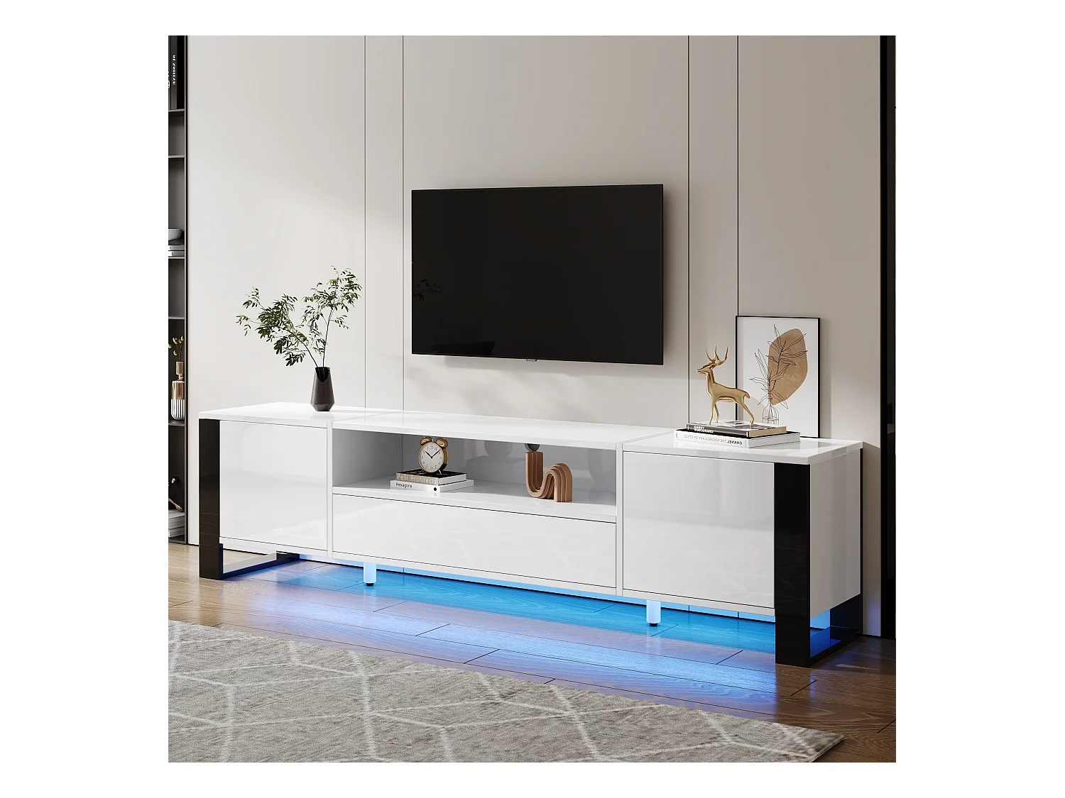 Mueble TV bajo con LED, 178 cm, blanco brillo, mueble TV hasta 70 pulgadas, 2 puertas y cajón
