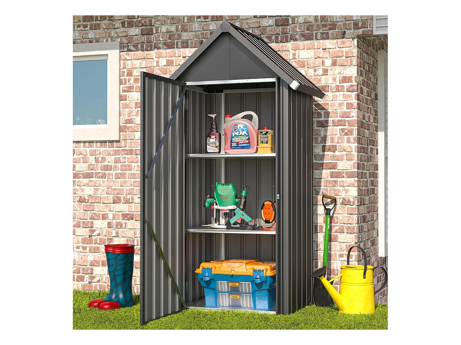 YODOLLA Gartenschrank Gartenhaus Geräteschuppen, Gartenhäuschen mit Sockel und abschließbarem Schloss, Verzinkter Stahl, 86x55x178cm, Dunkelgrau