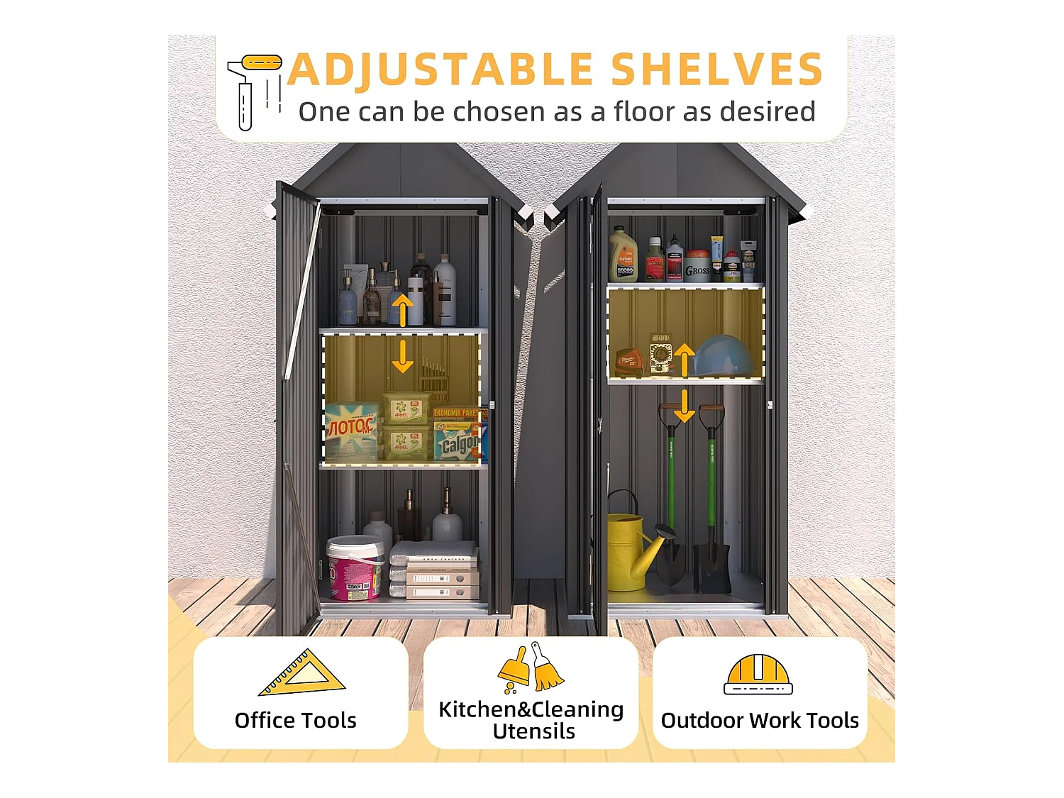 YODOLLA Gartenschrank Gartenhaus Geräteschuppen, Gartenhäuschen mit Sockel und abschließbarem Schloss, Verzinkter Stahl, 86x55x178cm, Dunkelgrau