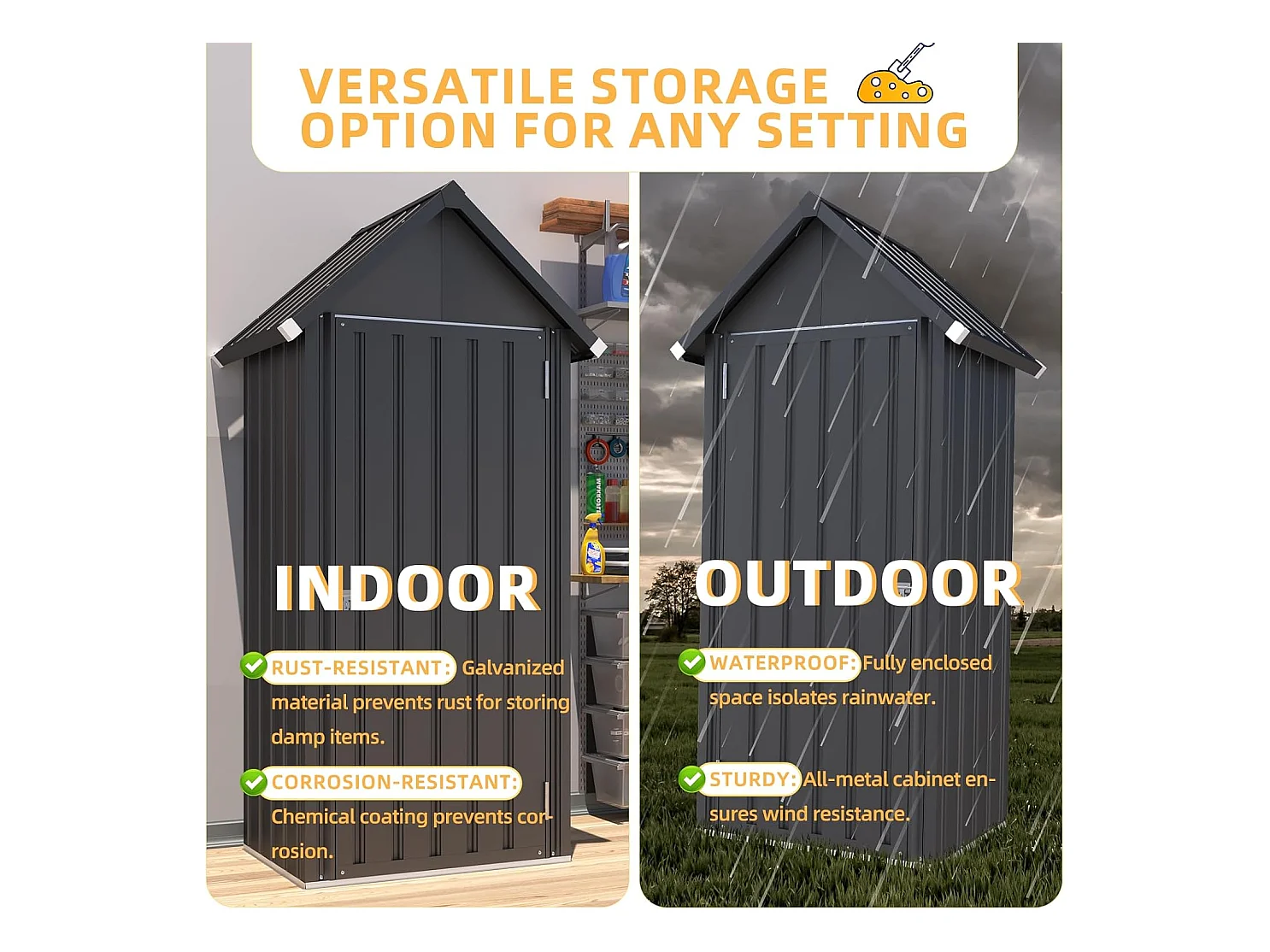 YODOLLA Gartenschrank Gartenhaus Geräteschuppen, Gartenhäuschen mit Sockel und abschließbarem Schloss, Verzinkter Stahl, 86x55x178cm, Dunkelgrau