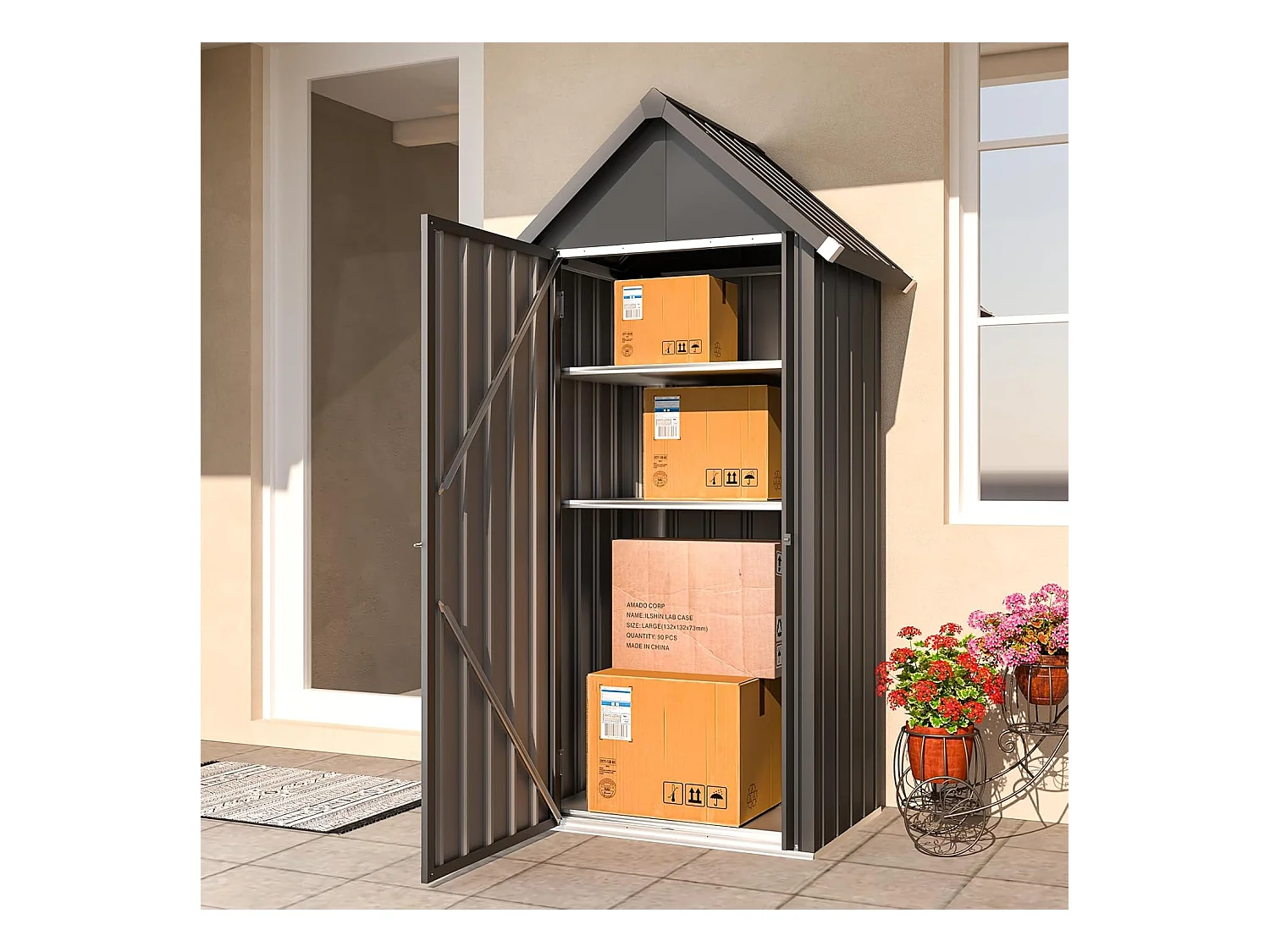 YODOLLA Gartenschrank Gartenhaus Geräteschuppen, Gartenhäuschen mit Sockel und abschließbarem Schloss, Verzinkter Stahl, 86x55x178cm, Dunkelgrau