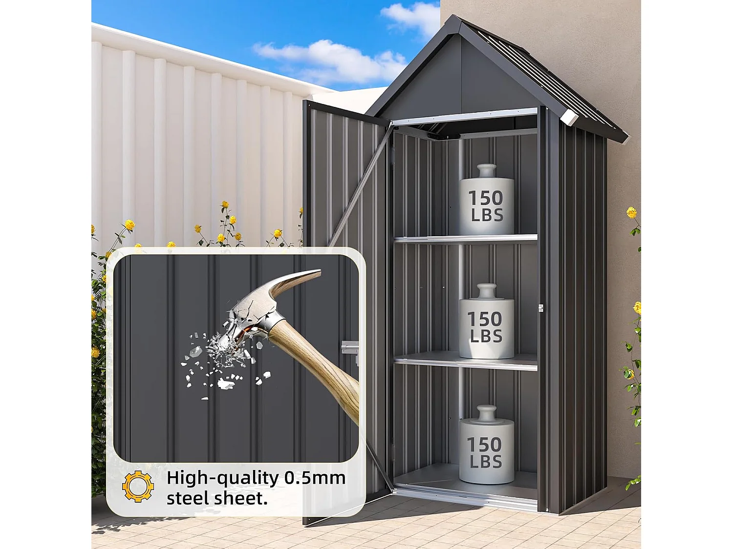 YODOLLA Gartenschrank Gartenhaus Geräteschuppen, Gartenhäuschen mit Sockel und abschließbarem Schloss, Verzinkter Stahl, 86x55x178cm, Dunkelgrau