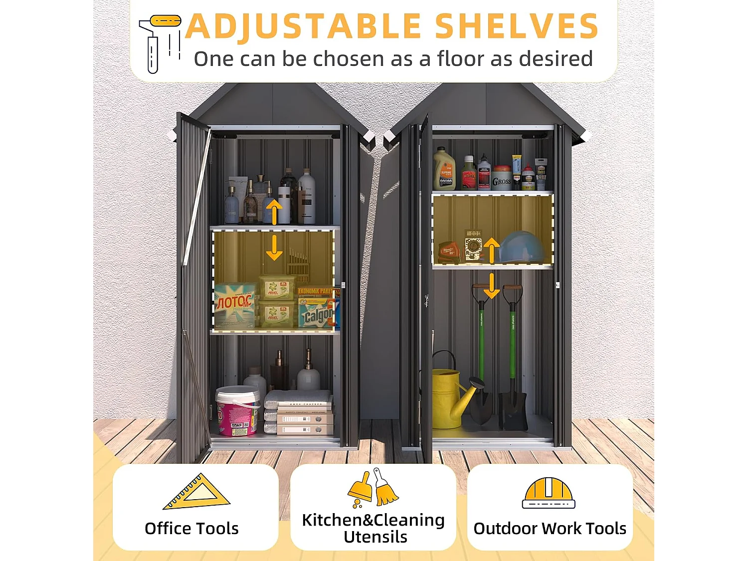YODOLLA Gartenschrank Gartenhaus Geräteschuppen, Gartenhäuschen mit Sockel und abschließbarem Schloss, Verzinkter Stahl, 86x55x178cm, Dunkelgrau