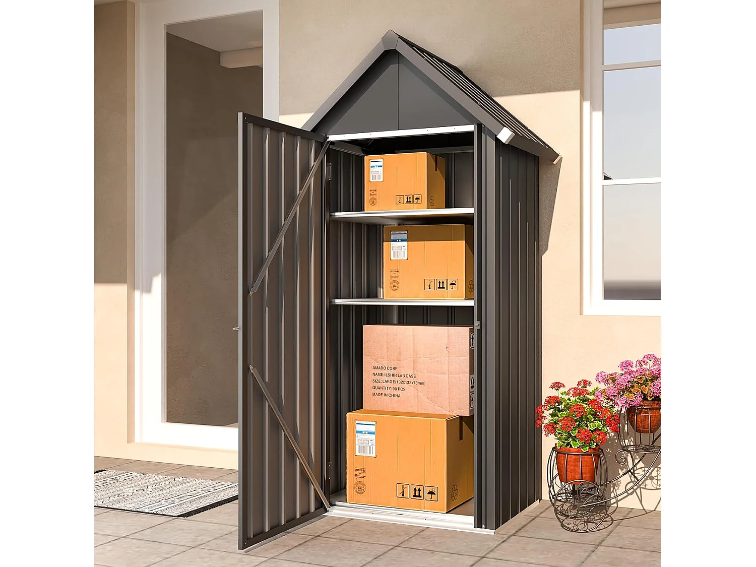 YODOLLA Gartenschrank Gartenhaus Geräteschuppen, Gartenhäuschen mit Sockel und abschließbarem Schloss, Verzinkter Stahl, 86x55x178cm, Dunkelgrau