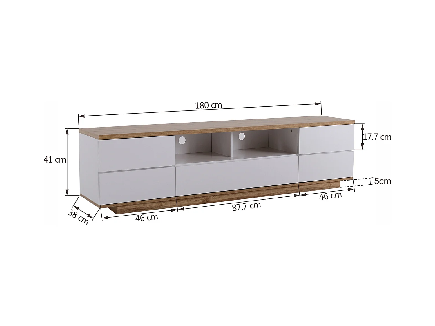 Meuble TV Blanc, Meuble TV avec Espace de Rangement et Grain de Bois, pour Salon 180x38x46cm
