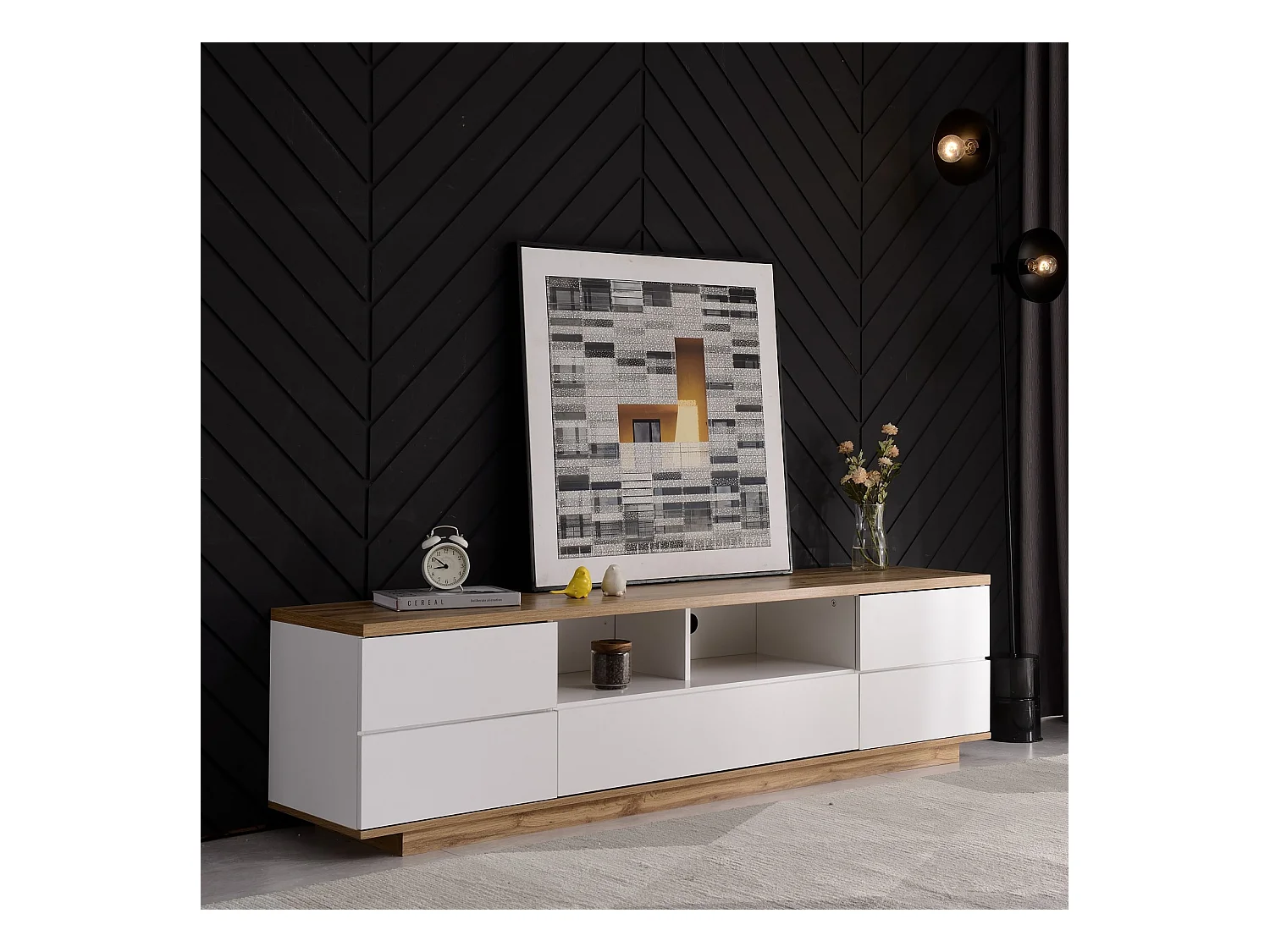 Meuble TV Blanc, Meuble TV avec Espace de Rangement et Grain de Bois, pour Salon 180x38x46cm
