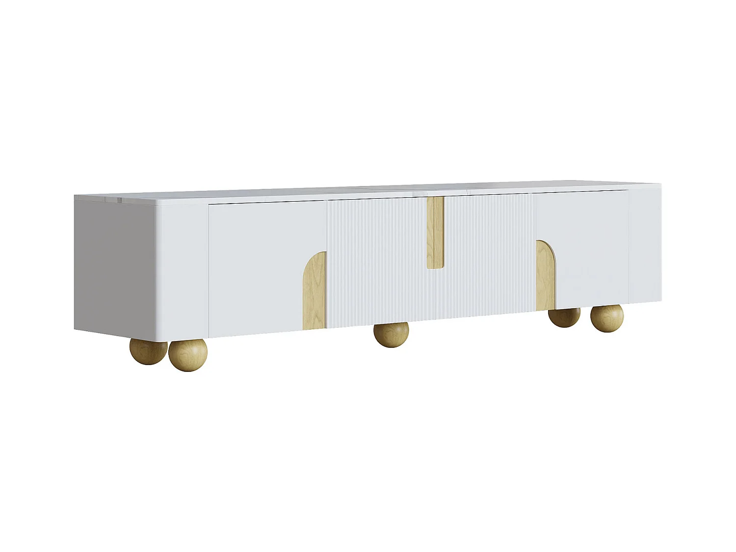 Meuble TV, 180 cm, 4 Portes, Design élégant, Finition Effet marbre,Pieds sphériques en Bois, Blanc