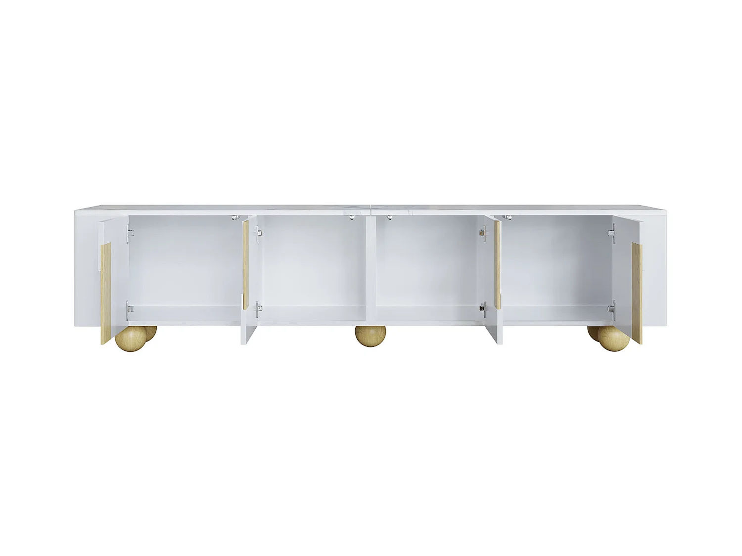 Meuble TV, 180 cm, 4 Portes, Design élégant, Finition Effet marbre,Pieds sphériques en Bois, Blanc