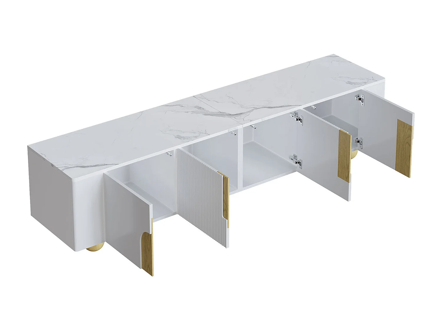 Móvel de TV branco 180 cm, 4 portas, design elegante, superfície com efeito mármore, pernas esféricas de madeira