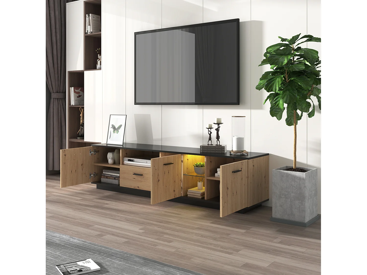 Mueble de TV moderno con cajón, tres puertas, dos estantes de cristal - natural, 180 x 40 x 45 cm