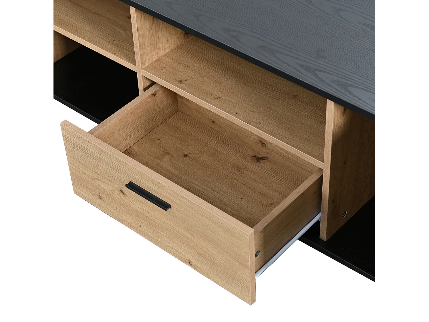 Mueble de TV moderno con cajón, tres puertas, dos estantes de cristal - natural, 180 x 40 x 45 cm