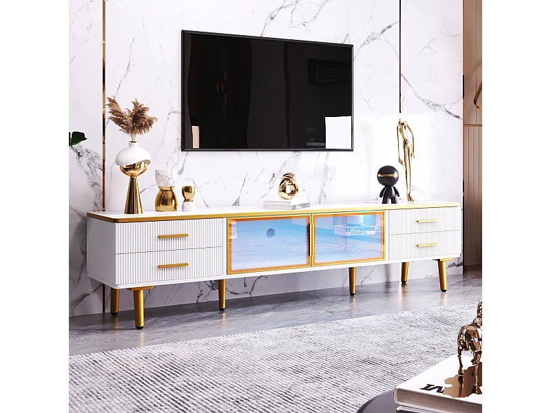 Mueble de TV con aspecto de mármol blanco, tiradores dorados y dos puertas de vidrio templado para sala de estar.