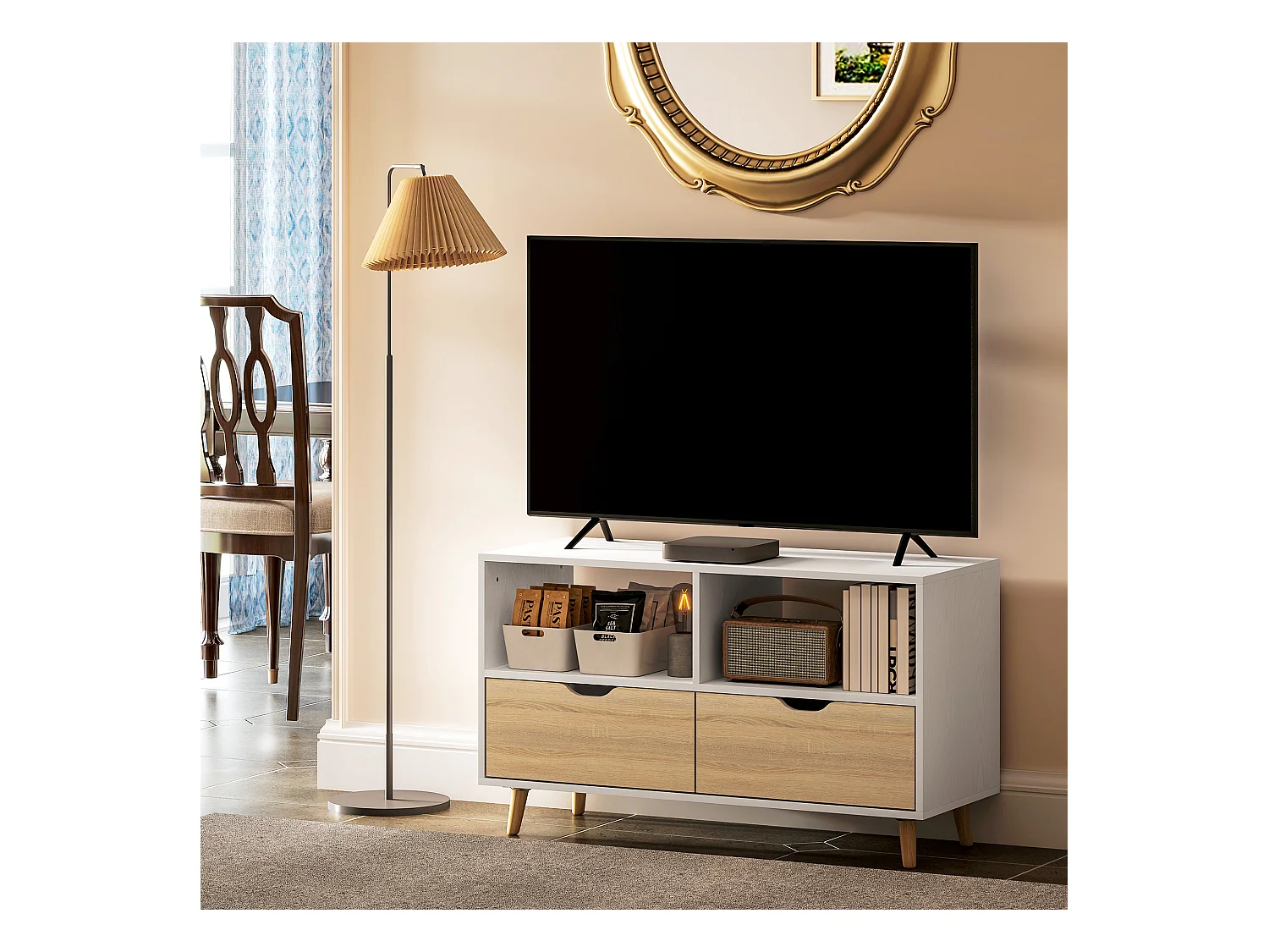 Meuble TV Lowboard avec 2 étagères, tiroir, 99 cm de Long Table TV pour téléviseur, pour Salon,Blanc