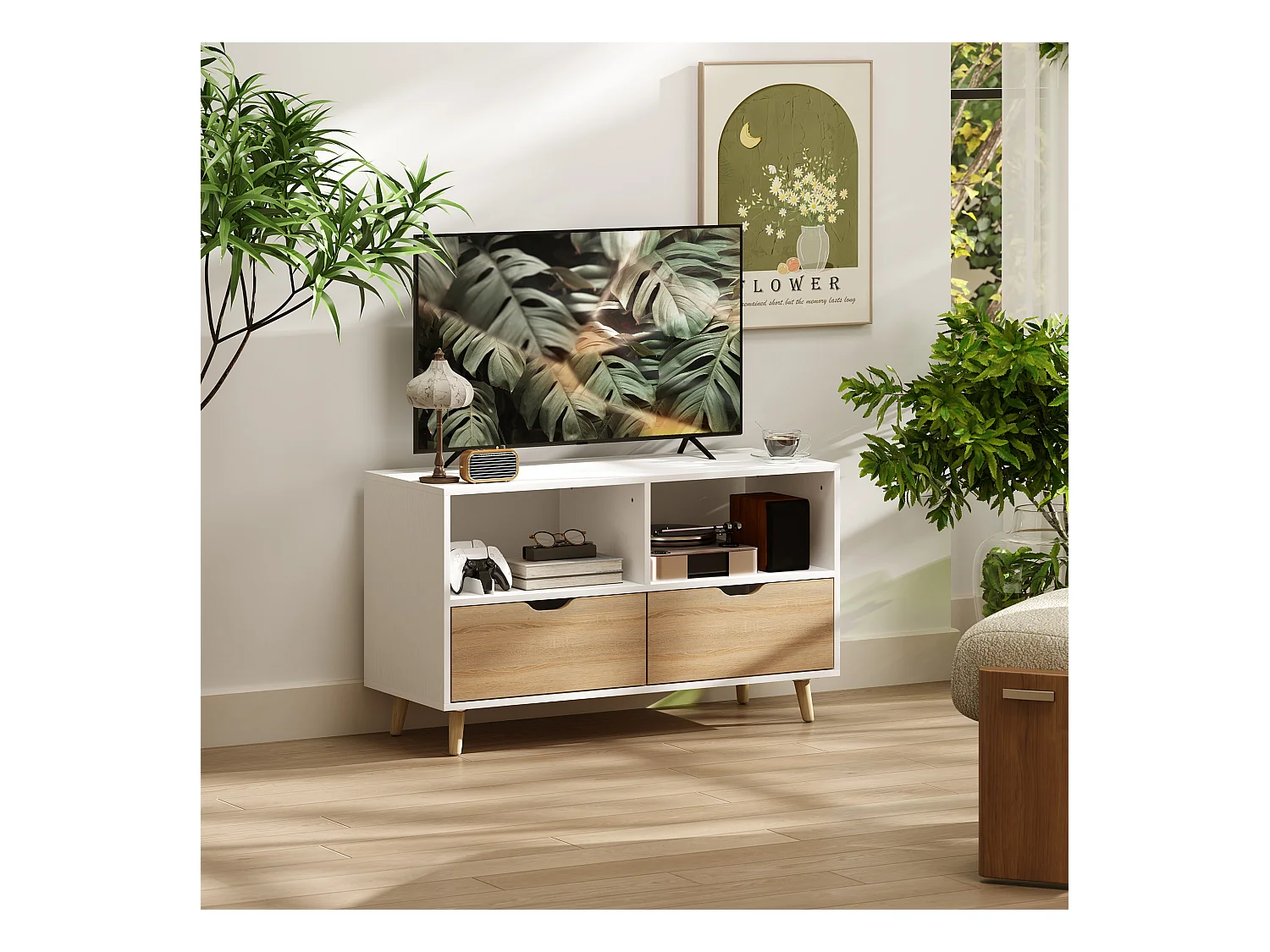 Mueble de TV bajo con 2 estantes y cajón, 99 cm de largo, para salón, color blanco