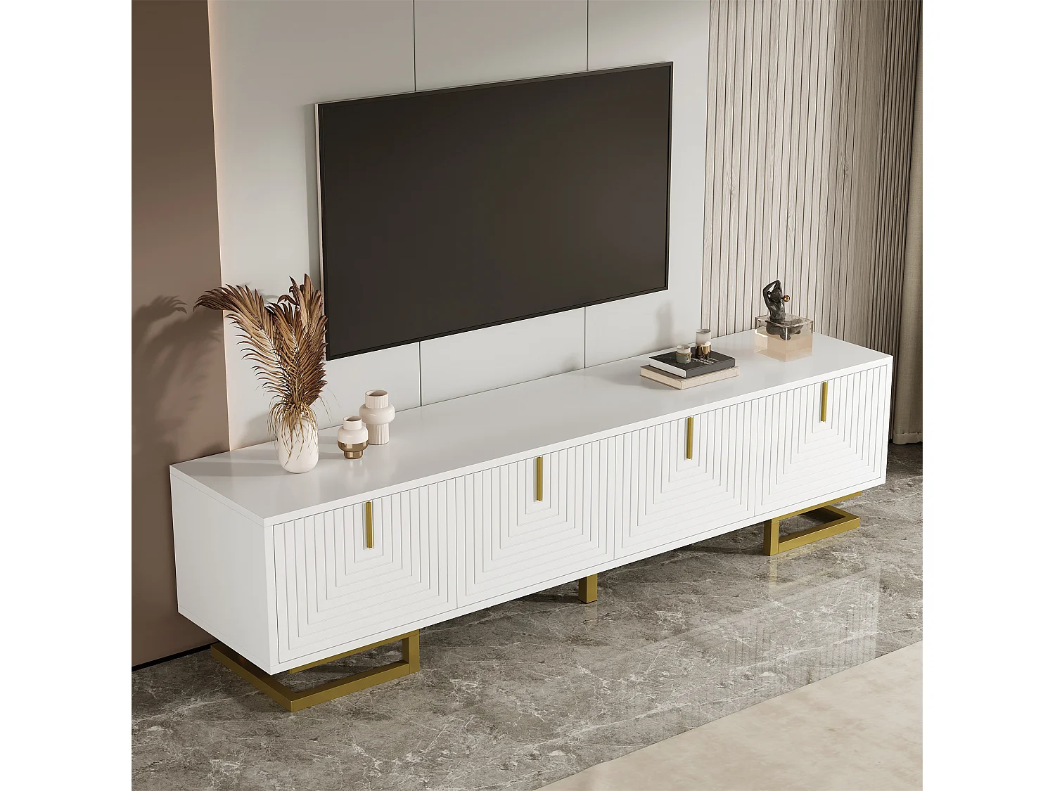 Meuble TV avec portes structurées, 160 x 38 x 44,5 cm, meuble bas, avec tiroirs, pieds dorés, blanc