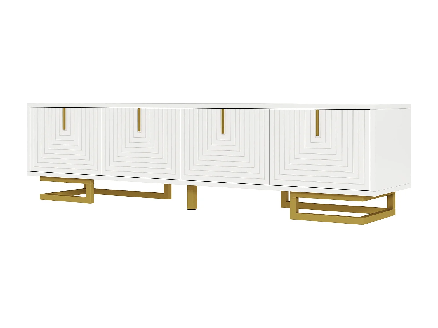 Meuble TV avec portes structurées, 160 x 38 x 44,5 cm, meuble bas, avec tiroirs, pieds dorés, blanc