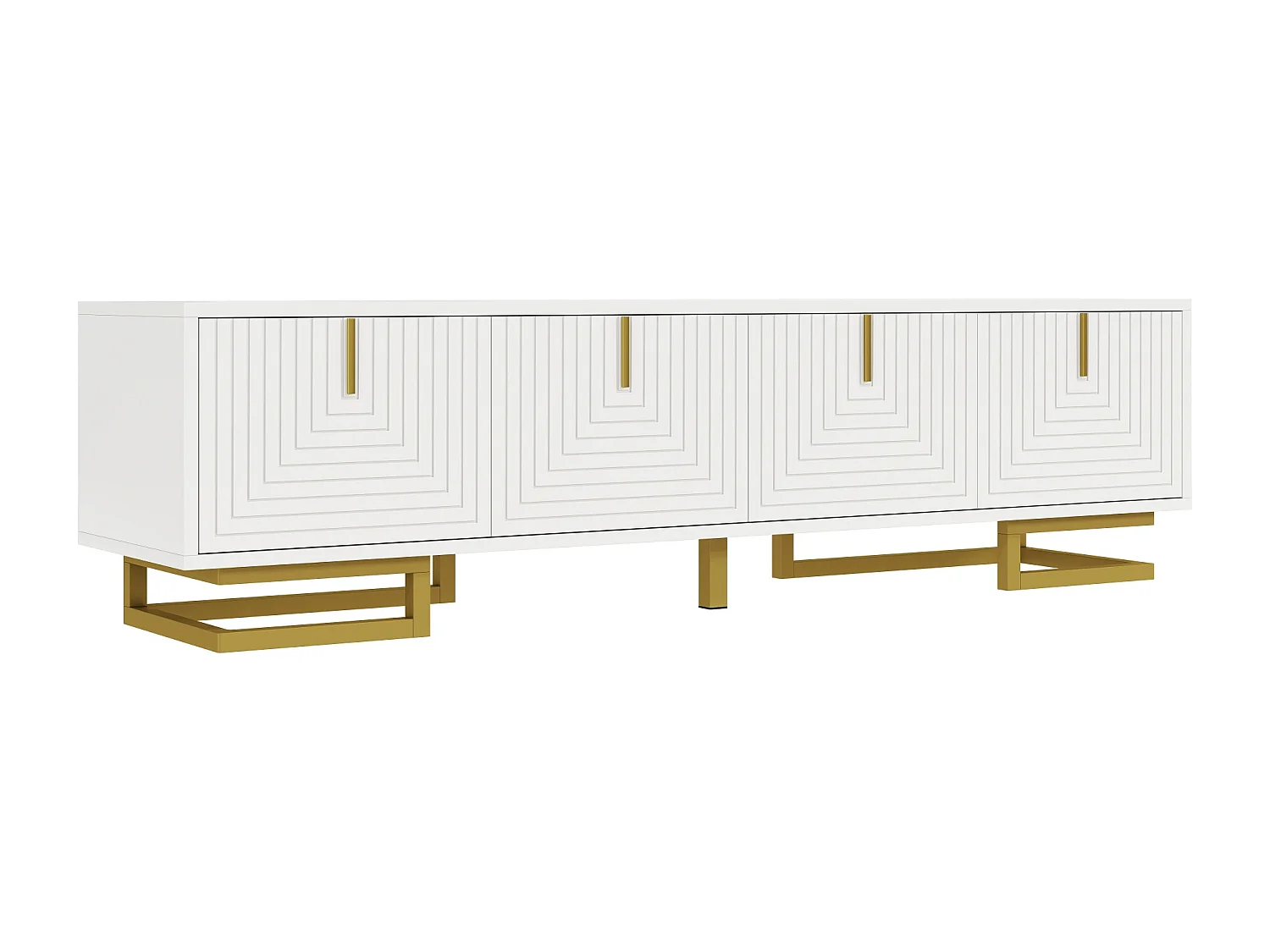 Meuble TV avec portes structurées, 160 x 38 x 44,5 cm, meuble bas, avec tiroirs, pieds dorés, blanc