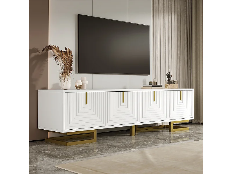 Meuble TV avec portes structurées, 160 x 38 x 44,5 cm, meuble bas, avec tiroirs, pieds dorés, blanc