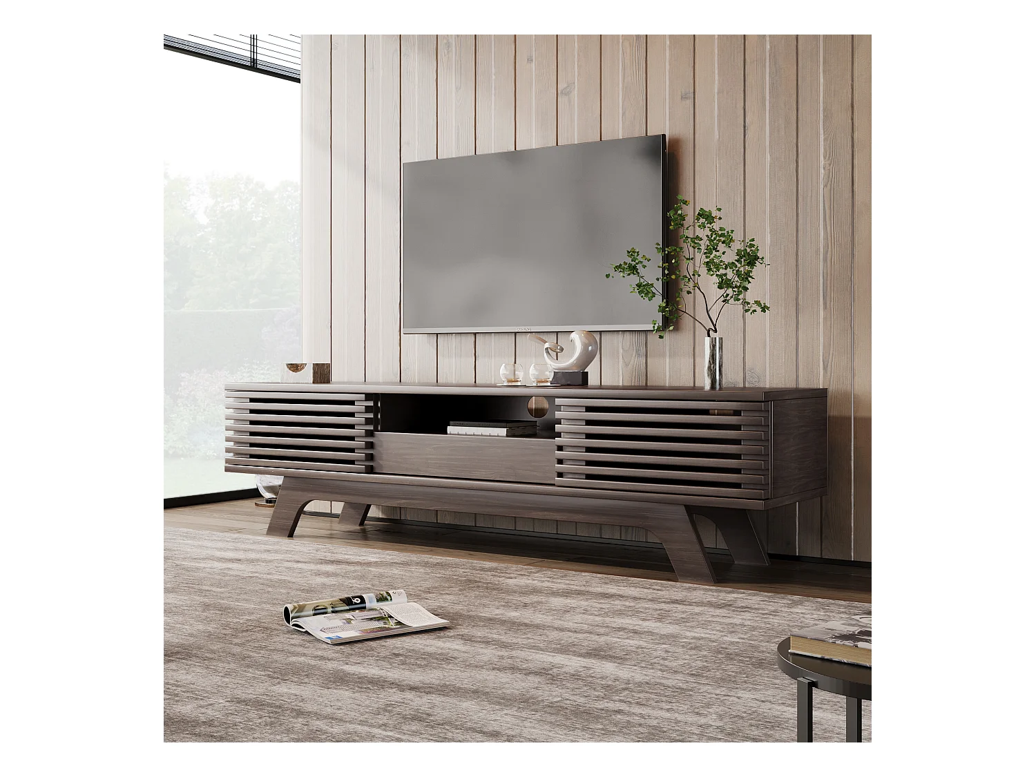 Mueble TV bajo estilo retro con 2 puertas y 1 cajón, color madera, para salón, 150 x 40 x 44,5 cm