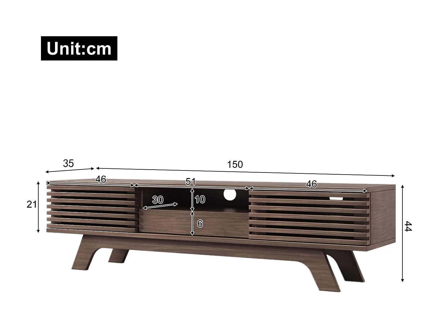 Meuble TV bas de style rétro avec 2 portes et 1 tiroir, couleur bois, pour salon, 150 x 40 x 44,5 cm