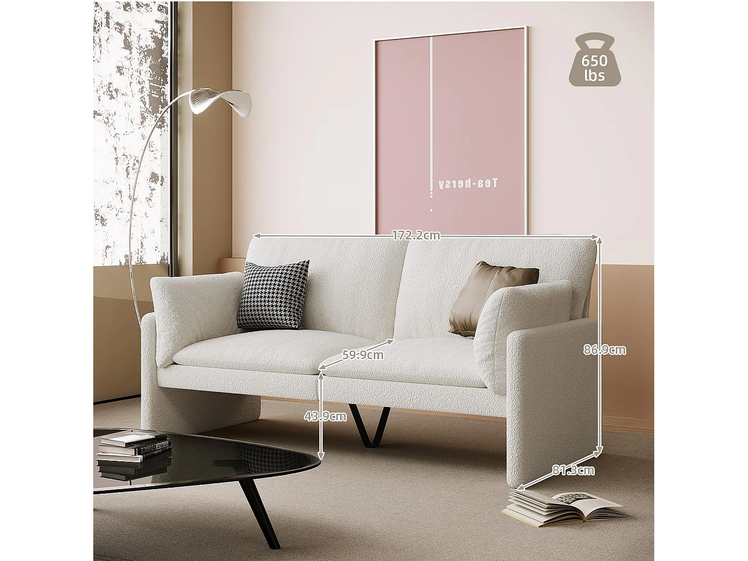 YODOLLA Ledersofa 172 cm, 3-Sitzer Couch modern & groß für Wohnzimmer. Ideal für Wohnung, Schlafzimmer oder Home-Office, Weiß