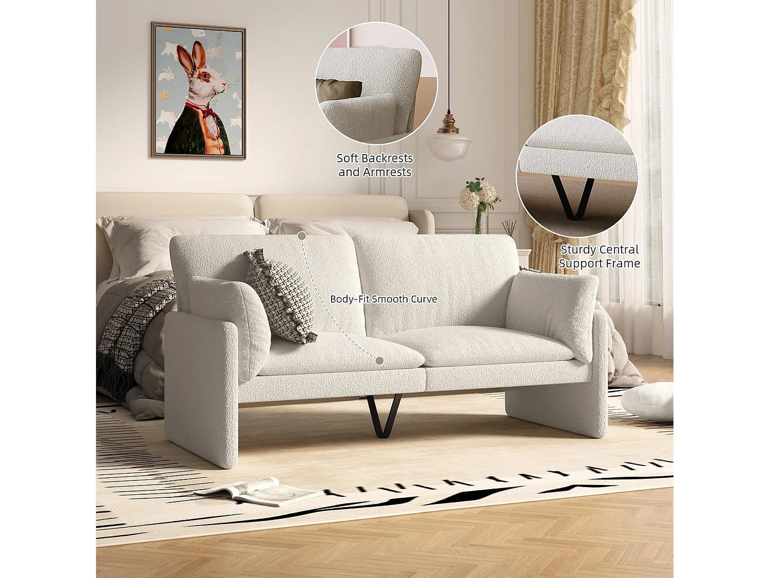 YODOLLA Ledersofa 172 cm, 3-Sitzer Couch modern & groß für Wohnzimmer. Ideal für Wohnung, Schlafzimmer oder Home-Office, Weiß