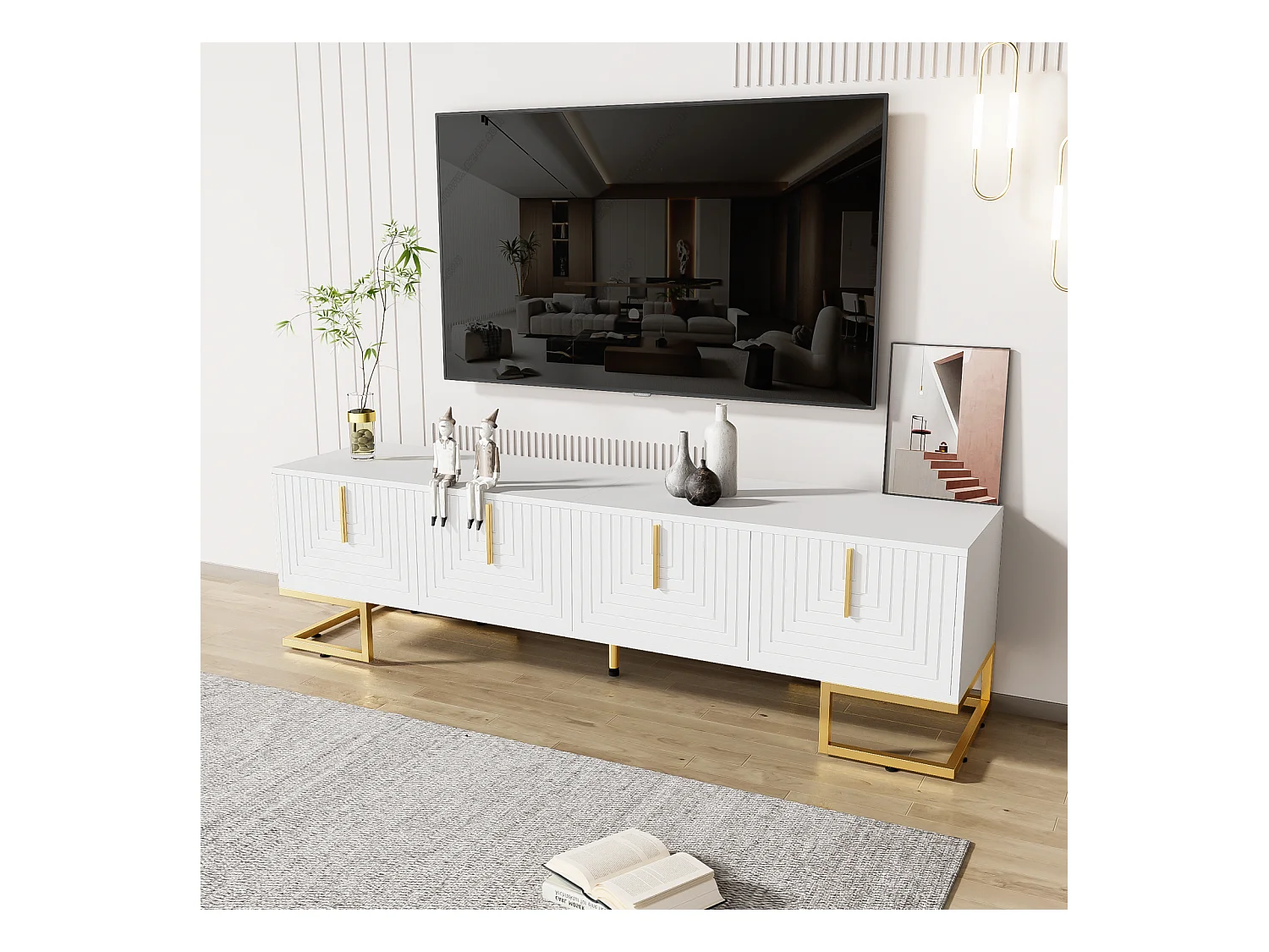 Mueble de TV con puertas texturizadas, base con cajones, tiradores y patas doradas, color blanco