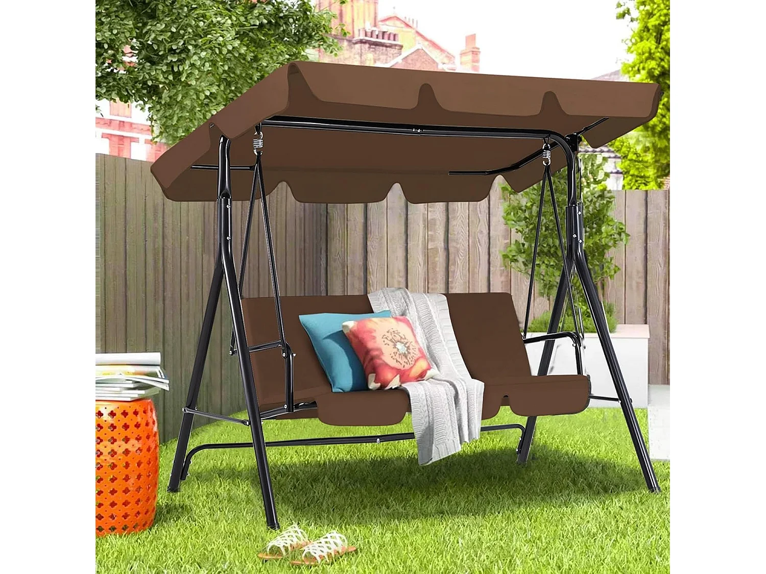 YODOLLA 3-Sitzer Hollywoodschaukel mit verstellbarem Vordach & abnehmbarem Kissen,Anti-Rutsch-Füßen -172x112x150 cm - Für Garten,Terrasse und Poolbereich,Braun