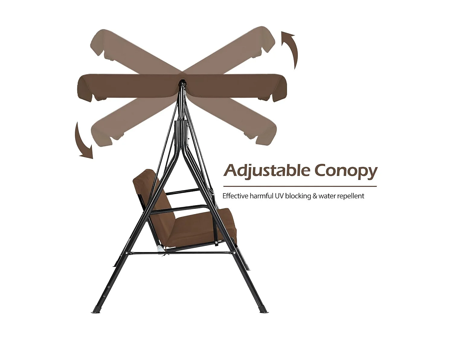 YODOLLA 3-Sitzer Hollywoodschaukel mit verstellbarem Vordach & abnehmbarem Kissen,Anti-Rutsch-Füßen -172x112x150 cm - Für Garten,Terrasse und Poolbereich,Braun