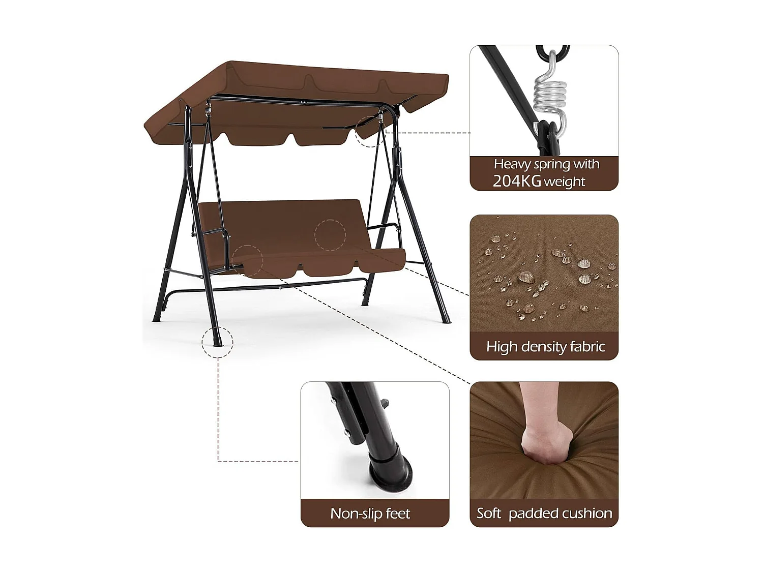 YODOLLA 3-Sitzer Hollywoodschaukel mit verstellbarem Vordach & abnehmbarem Kissen,Anti-Rutsch-Füßen -172x112x150 cm - Für Garten,Terrasse und Poolbereich,Braun