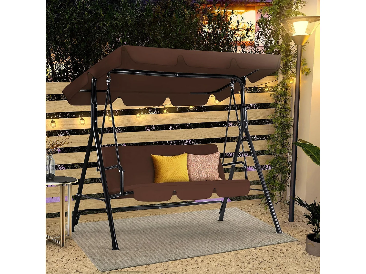 YODOLLA 3-Sitzer Hollywoodschaukel mit verstellbarem Vordach & abnehmbarem Kissen,Anti-Rutsch-Füßen -172x112x150 cm - Für Garten,Terrasse und Poolbereich,Braun